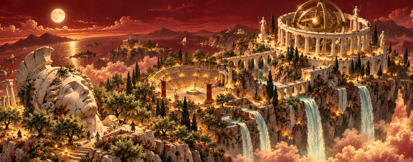 A floating island arena under a crimson moon